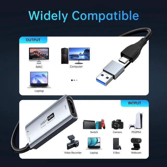 Alt view image 4 of 7 - KEHIPI USB 3.0 Video Capture Card with 100W PD - HDMI to USB/USB-C Capture Card 1440P 30fps & 1080P 60fps Video Capture Device for Streaming, Game Recording, Compatible for Quest 3, Switch, PS4/PS5