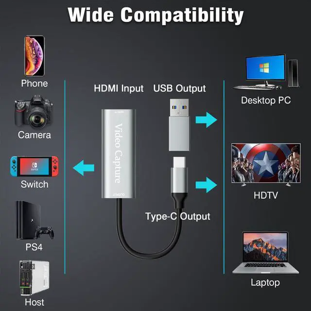 Alt view image 3 of 7 - KEHIPI Video Capture Card, USB3.0 HDMI to USB C Capture Card, 4K 1080P 60FPS, Video Recording Card for Gaming Live Streaming, for Windows/Mac OS System with USB C Adapter to Adjust PS4, Switch, Xbox