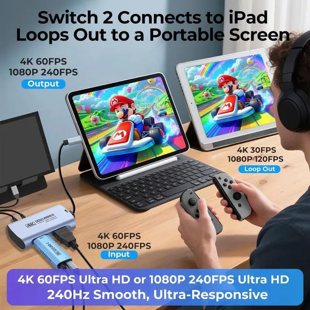 Alt view image 2 of 7 - KEHIPI 4K 60FPS & 1080P 240FPS HDMI Capture Card for Streaming, USB 3.0 to USB-C/A, 4K30 Passthrough, 3.5mm Audio in and Mic Out, Works with Switch 2/1, PS5/4, Quest 3, Xbox, Pad, Mac, PC