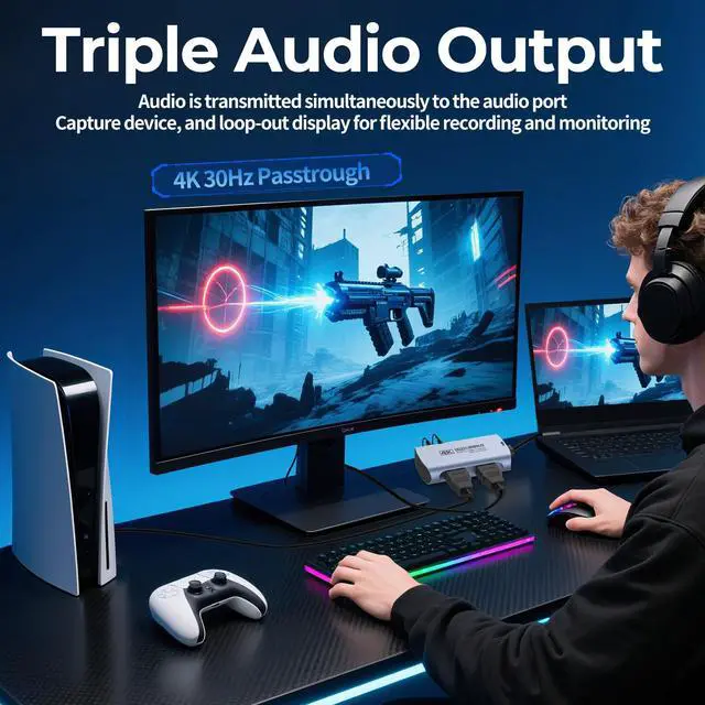 Alt view image 5 of 7 - KEHIPI 4K 60FPS & 1080P 240FPS HDMI Capture Card for Streaming, USB 3.0 to USB-C/A, 4K30 Passthrough, 3.5mm Audio in and Mic Out, Works with Switch 2/1, PS5/4, Quest 3, Xbox, Pad, Mac, PC