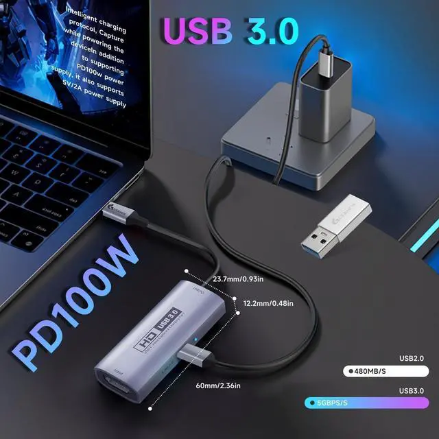 Alt view image 3 of 7 - KEHIPI 4K USB3.0 Video Capture Card with PD 100W, 2K@30FPS or 1080P@60FPS HDMI to USB-A/C Capture Card for Streaming, Works with iPad Quest 3, MacOS, Switch2/1 PS5/4, Xbox, Camera, Silver