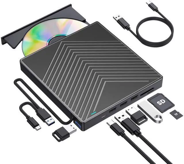 Main image of KEHIPI External CD DVD Drive, CD Burner DVD Player USB 3.0 with 4 USB Port Hub and 2 SD/TF Card Reader, USB-C CD/DVD-ROM +/-RW Disk Drive Adapter Writer for Laptop PC Mac Windows 11/10/8/7 Linux OS