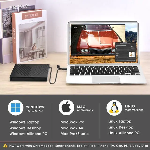 Alt view image 4 of 7 - KEHIPI External CD DVD Drive, CD Burner DVD Player USB 3.0 with 4 USB Port Hub and 2 SD/TF Card Reader, USB-C CD/DVD-ROM +/-RW Disk Drive Adapter Writer for Laptop PC Mac Windows 11/10/8/7 Linux OS