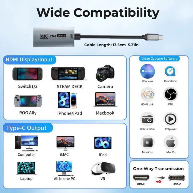 Alt view image 3 of 7 - KEHIPI 4K USB3.0 Video Capture Card with PD 100W, 4K@60FPS or 2K@144FPS HDMI to USB-A/C Capture Card for Streaming, Works with Pad, Tablet, MacOS, Switch2/1, Laptop, PC, Camera, VR, Silver