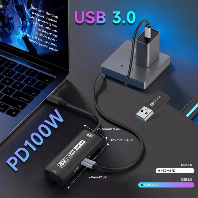 Alt view image 7 of 7 - KEHIPI 4K USB3.0 Video Capture Card with PD 100W, 4K@60FPS or 2K@144FPS HDMI to USB-A/C Capture Card for Streaming, Works with Pad, Tablet, MacOS, Switch2/1, Laptop, PC, Camera, VR, Black