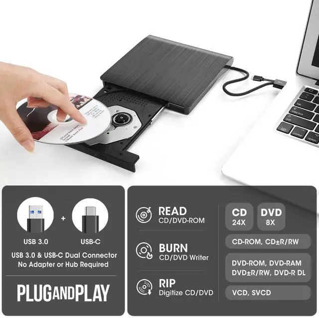 Alt view image 2 of 7 - KEHIPI External CD/DVD Drive for Laptop, USB 3.0 & USB-C Portable CD/DVD-RW Player Reader Writer Burner, Optical Disc Drive for Windows 11/10 PC, Mac, MacBook & Linux Computer, Model ECD829-Y