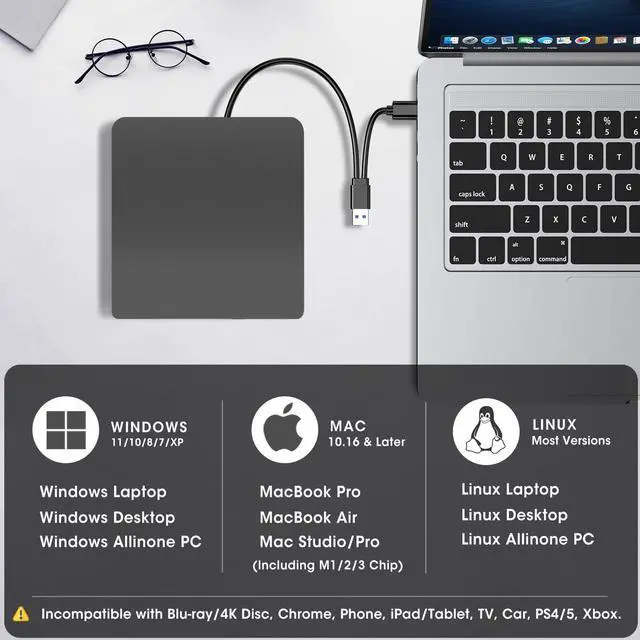 Alt view image 4 of 7 - KEHIPI External CD/DVD Drive for Laptop, USB 3.0 & USB-C Portable CD/DVD-RW Player Reader Writer Burner, Optical Disc Drive for Windows 11/10 PC, Mac, MacBook & Linux Computer, Model ECD829-Y