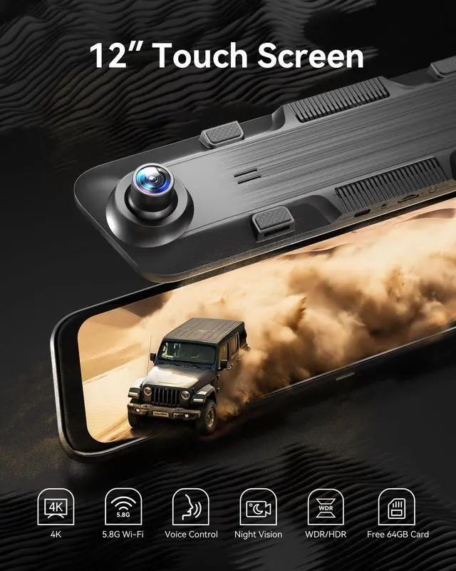 Alt view image 2 of 7 - KEHIPI 12" 4K Rear View Mirror Camera with 5.8GHz WiFi and Voice Control, Smart Mirror Dash Cam Front and Rear, Backup Camera with 1080P Rear Camera, Dash Cam with WDR, Includes 64GB Card & GPS