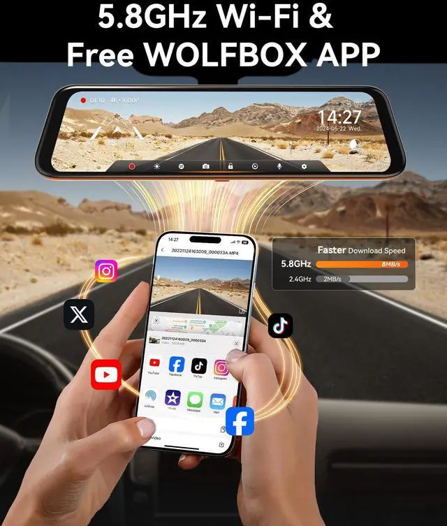 Alt view image 3 of 7 - KEHIPI 12" 4K Rear View Mirror Camera with 5.8GHz WiFi and Voice Control, Smart Mirror Dash Cam Front and Rear, Backup Camera with 1080P Rear Camera, Dash Cam with WDR, Includes 64GB Card & GPS