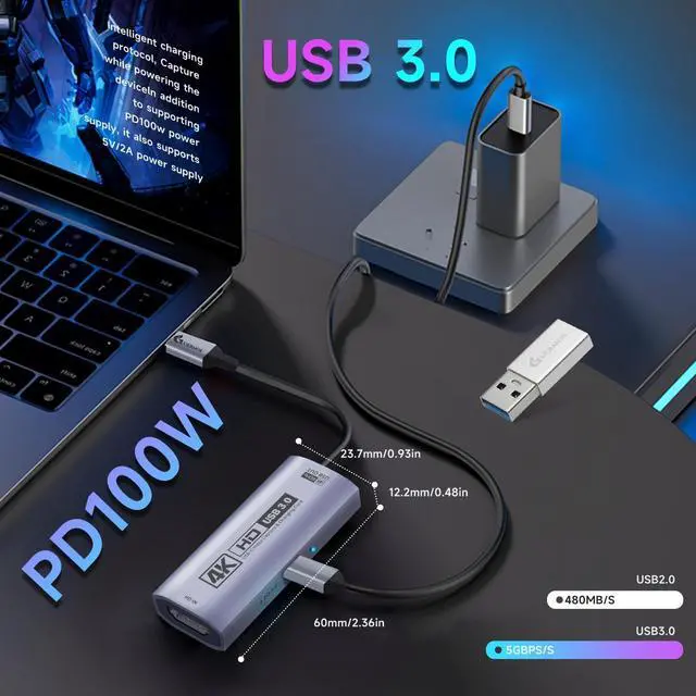Alt view image 7 of 7 - KEHIPI 4K USB3.0 Video Capture Card with PD 100W, 4K@60FPS or 2K@144FPS HDMI to USB-A/C Capture Card for Streaming, Works with Pad, Tablet, MacOS, Switch2/1, Laptop, PC, Camera, VR, Silver