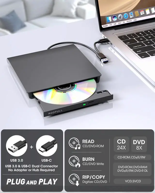 Alt view image 2 of 7 - KEHIPI External CD DVD Drive for Laptop, USB 3.0 Type-C CD DVD Disc Reader Writer Burner, USB-C Portable CD DVD Player for Windows 11/10/7 PC Apple Mac MacBook Linux Computer, RF21-MAS