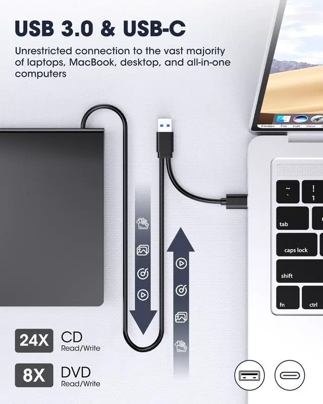 Alt view image 3 of 7 - KEHIPI External CD DVD Drive for Laptop, USB 3.0 Type-C CD DVD Disc Reader Writer Burner, USB-C Portable CD DVD Player for Windows 11/10/7 PC Apple Mac MacBook Linux Computer, RF21-MAS