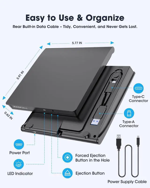Alt view image 6 of 7 - KEHIPI External CD DVD Drive for Laptop, USB 3.0 Type-C CD DVD Disc Reader Writer Burner, USB-C Portable CD DVD Player for Windows 11/10/7 PC Apple Mac MacBook Linux Computer, RF21-MAS