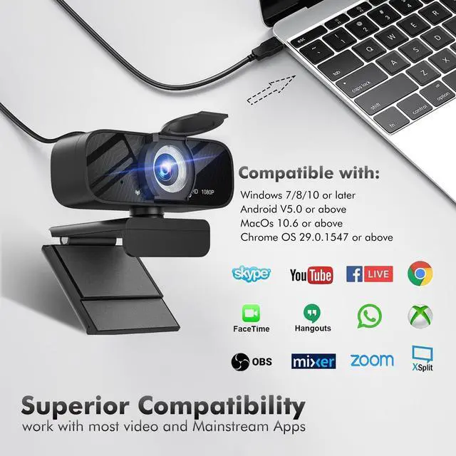 Alt view image 7 of 7 - KEHIPI Full HD 1080P Video Webcam, Noise Cancellation, Privacy Cover, Wide-Angle Lens, Auto Light Correction, Plug & Play USB Webcam for Laptop, Desktop, PC, Mac, Zoom, Skype Pro Series