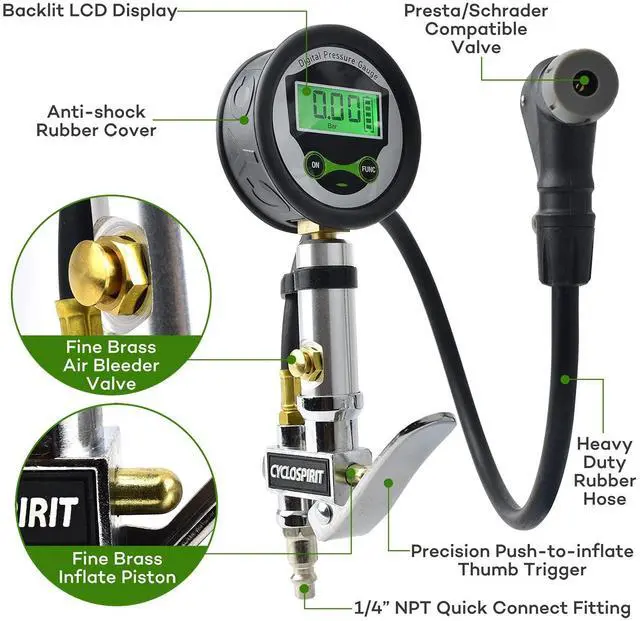 Alt view image 2 of 5 - KEHIPI Digital Bicycle Tire Inflator Gauge with Auto-Select Valve Type - Presta and Schrader Air Compressor Tool