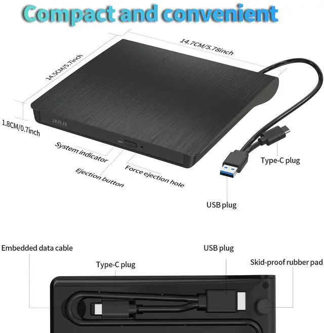 Alt view image 7 of 7 - KEHIPI External DVD Drive,USB 3.0 and Type-C CD DVD Disc Reader Writer Burner Player,Slim and Portable CD DVD +/-RW Optical Drive for PC Laptop Desktop MacBook Mac Windows 7/8.1/10/11 Linux OS Apple