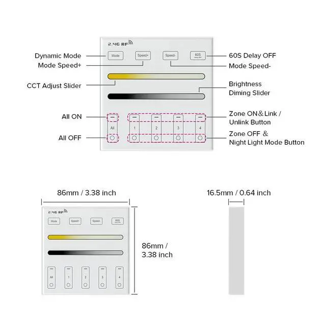 Alt view image 5 of 7 - KEHIPI Wireless 2.4G RF 4 Zone Single Color Wall Mounted Smart Panel Remote Powered by 2XAAA Batteries 3V Work with WB5 LM052 LM053 C01RF C02RF C01W C02W etc PWM Controller
