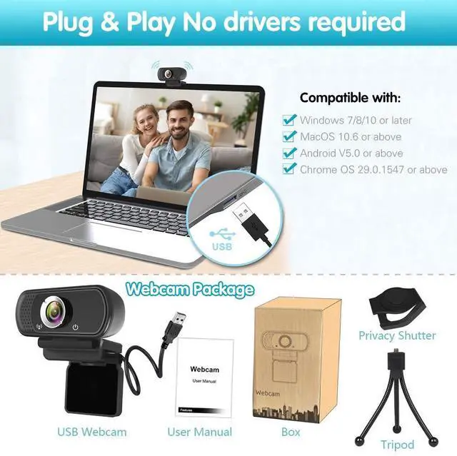 Alt view image 7 of 7 - KEHIPI Webcam 1080p, Wide Angle Web Camera with Microphone, USB External Camera for Computer Monitor MacBook PC Laptop Desktop, HD Face Cam for Streaming