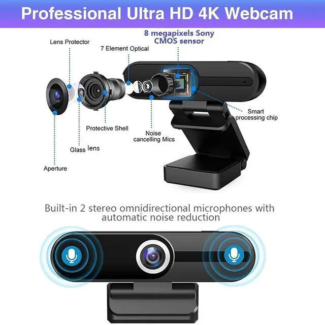 Alt view image 3 of 7 - KEHIPI 4K Webcam with Microphone,8 Megapixel Web Cam,Ultra HD Web Camera for Computers,Webcam for Laptop Desktop,USB Webcam with Privacy Cover,Pro Streaming Webcam for Video Calling
