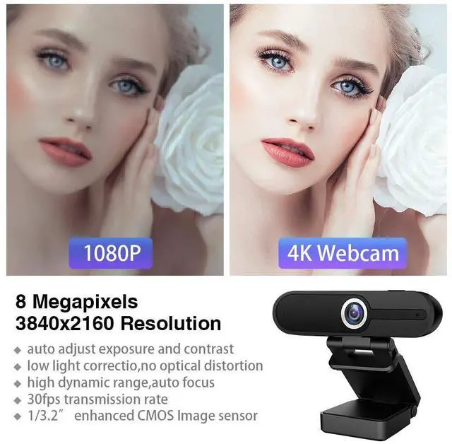 Alt view image 2 of 7 - KEHIPI 4K Webcam with Microphone and Tripod, USB Web Camera for PC and Laptop, 8MP Widescreen for Video Calling, Recording, Streaming and Conference