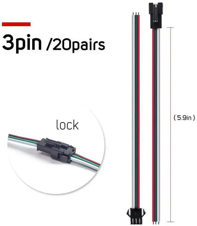 Alt view image 5 of 5 - KEHIPI 20 Pairs JST SM 3 Pin Connectors for WS2812B WS2811 WS2812 WS2814 SK6812 FOCB CCT LED Strip Female Male 15cm 22awg Wire (Pack of 2)