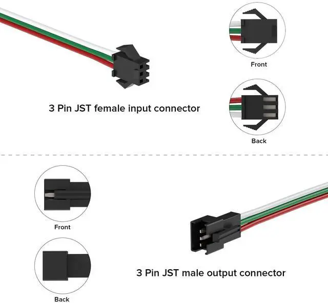 Alt view image 5 of 7 - KEHIPI 5 Pcs/Pack 20AWG 3 Pin JST SM Male Female Plug LED Connector 3.28FT/1m Extension Cable for WS2812B WS2811 WS2814 SK6812 FCOB RGB CCT LED Strip Lights Solderless Controller Wire