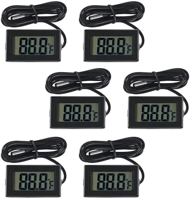 Main image of KEHIPI 6-Pack TPM-10 Fahrenheit() Digital Thermometer Wired for Car Greenhouse Indicator Indoor Room Freezer Refrigerator Aquarium with 1M Waterproof NTC Probe (Black)