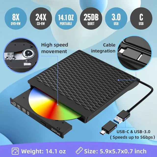 Alt view image 3 of 7 - KEHIPI External DVD Drive, Portable USB 3.0 CD RW Drive with Carrying Case, DVD Player for Rewriter, DVD Burner for Laptop, Desktop (2-in-1 (Cable in one))