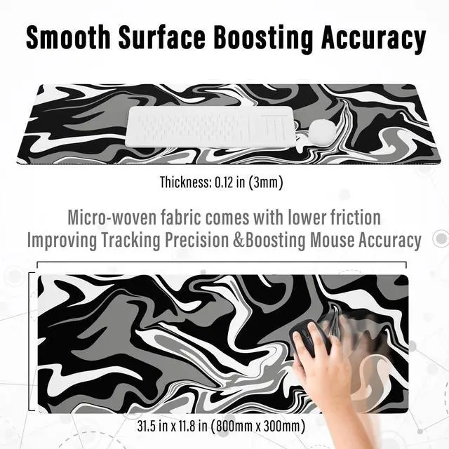 Alt view image 3 of 7 - KEHIPI Gaming Mouse Pad with Stitched Edges, Swirl Marble Mouse Pad, Extended XL Mousepad with Anti-Slip Base, Cool Large Mouse Pad for Desk, 31.5 x 11.8 in, Black