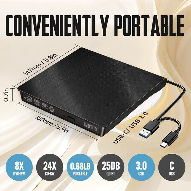 Alt view image 3 of 6 - KEHIPI External CD/DVD Drive, Portable USB 3.0 & USB-C CD RW Drive, DVD Player, DVD Burner for Laptop, Desktop, Compatible with Windows 7/8/10/11, Mac, MacBook Pro/Air, Linux