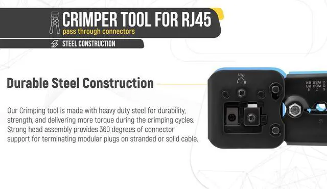 Alt view image 5 of 7 - KEHIPI RJ45 Crimp Tool Kit, With 50 Cat5e Pass Through Connectors and 50 Strain Relief Boots + Extra blades - EZ Cut, Strip, Crimp Ethernet Cables - Professional Network Crimping tool