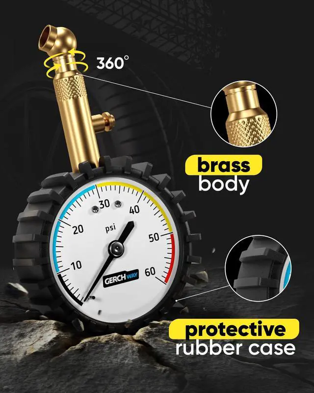 Alt view image 4 of 7 - KEHIPI Tire Pressure Gauge for Cars - Large Dial Numbers & 360° Swivel Chuck, Accurate Air Pressure Gauge for Tires - 60 PSI