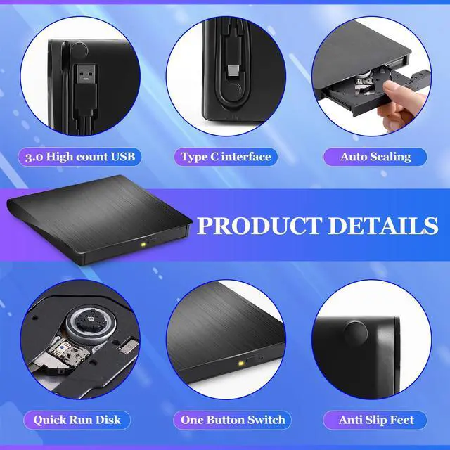 Alt view image 6 of 7 - KEHIPI External DVD Drive with Protective Carrying Case,USB 3.0 Type C Portable CD/DVD +/-RW Disk Drive DVD Player for Laptop CD/DVD ROM Burner Reader