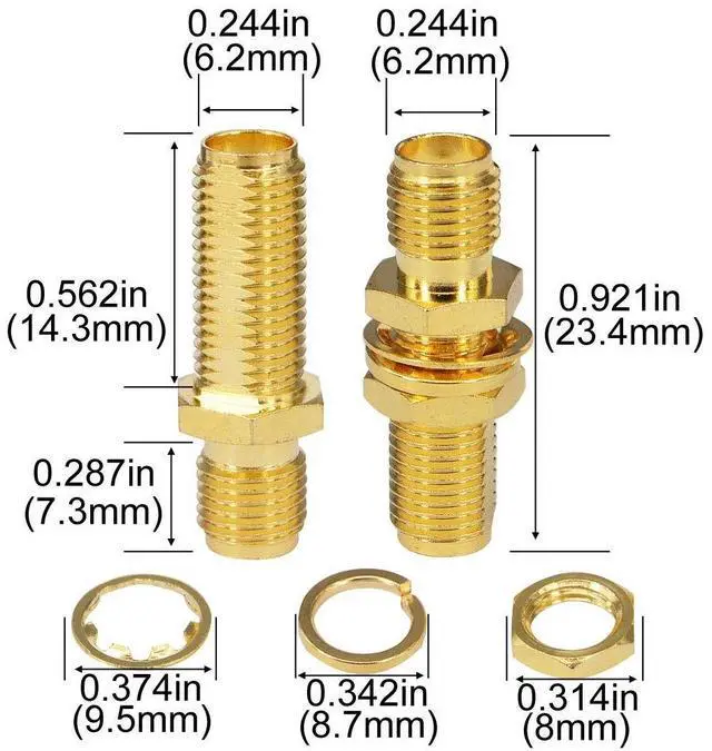 Alt view image 4 of 7 - KEHIPI SMA Socket Connector SMA Female Bulkhead Connector SMA Panel Chassis Mount Connector SMA Female to Female Barrel Adapter Antenna Jack Adapter for Wireless LAN Device Coax Cable,etc Pack of 10