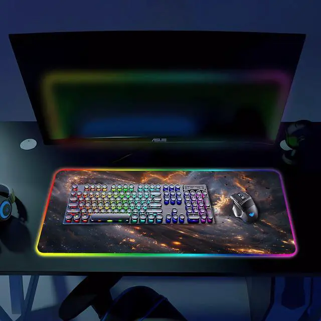Alt view image 6 of 6 - KEHIPI RGB Gaming Mouse Pad, Large Mousepad with Led Light, Gaming Accessories Keyboard Pad for Desk, Non-Slip Rubber Base Big Mouse Mat for Gamer, 31.5 X 11.8 Inch, Golden Galaxy
