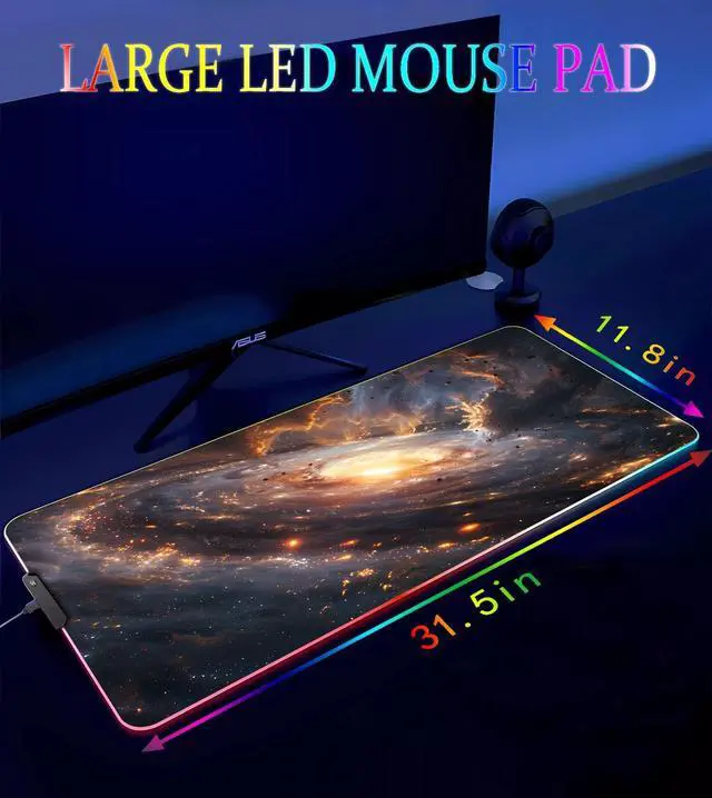 Alt view image 4 of 6 - KEHIPI RGB Gaming Mouse Pad, Large Mousepad with Led Light, Gaming Accessories Keyboard Pad for Desk, Non-Slip Rubber Base Big Mouse Mat for Gamer, 31.5 X 11.8 Inch, Golden Galaxy