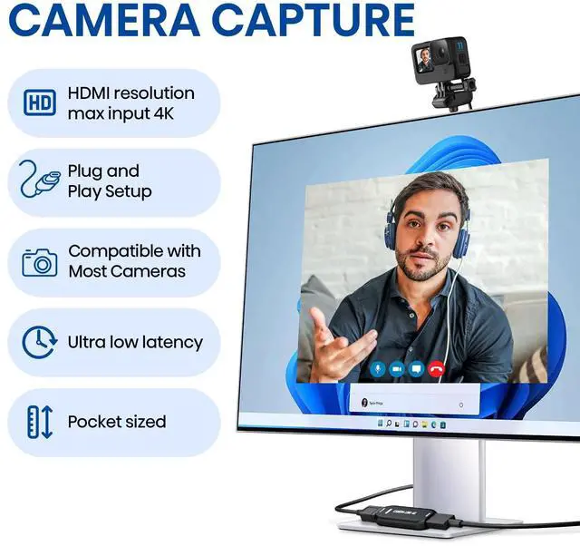 Alt view image 2 of 7 - KEHIPI Cam Link 4K External Capture Card for DSLR Camcorder ActionCam as Webcam, HDMI to USB 3.0, Meet/Stream/Record in 2K50/1080p60, Easy Connect for OBS/Zoom, Windows/Mac