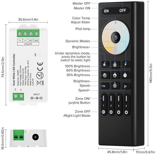 Alt view image 5 of 6 - KEHIPI RF 2.4GHz Wireless Remote RC02RFB & C02RF Tuya Controller Kit 4 Zones Group Control 5050SMD FCOB COB SMD PWM CCT(+ CW WW) 3pin Dual White LED Strip DC5V DC12V DC24V