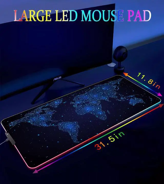 Alt view image 4 of 6 - KEHIPI RGB Gaming Mouse Pad, Large Mousepad with Led Light, Gaming Accessories Keyboard Pad for Desk, Non-Slip Rubber Base Big Mouse Mat for Gamer, 31.5 X 11.8 Inch, Galaxy World Map