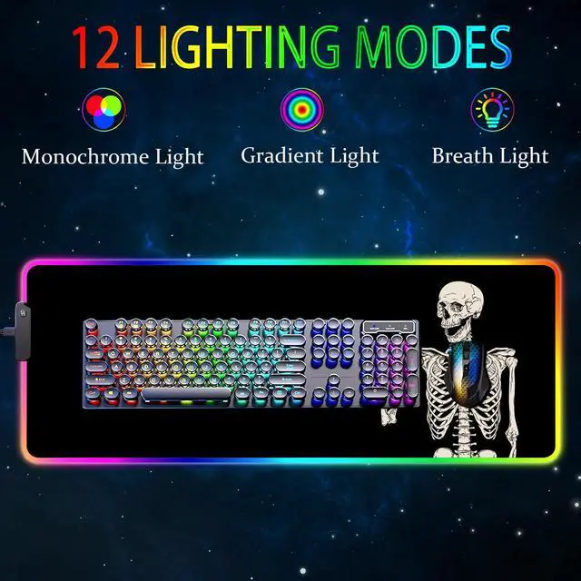 Alt view image 2 of 6 - KEHIPI RGB Gaming Mouse Pad, Large Mousepad with Led Light, Big Keyboard Pad Gaming Accessories for Desk, Non-Slip Rubber Base Black Human Skeleton Mouse Mat for Gamer, 31.5 X 11.8 Inch
