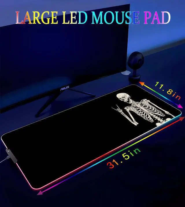 Alt view image 4 of 6 - KEHIPI RGB Gaming Mouse Pad, Large Mousepad with Led Light, Big Keyboard Pad Gaming Accessories for Desk, Non-Slip Rubber Base Black Human Skeleton Mouse Mat for Gamer, 31.5 X 11.8 Inch