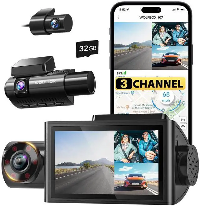 Main image of KEHIPI i07 3 Channel Dash Cam Built-in WiFi GPS, 4K Dash Camera Front and Inside, 1440P+1080P+1080P Triple Car Camera with 3" LCD Screen, 32GB Card Included, IR Night Vision, 24H Parking Mode