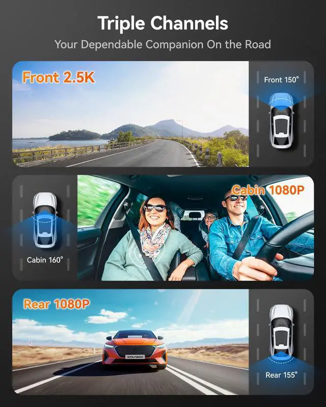 Alt view image 2 of 7 - KEHIPI i07 3 Channel Dash Cam Built-in WiFi GPS, 4K Dash Camera Front and Inside, 1440P+1080P+1080P Triple Car Camera with 3" LCD Screen, 32GB Card Included, IR Night Vision, 24H Parking Mode
