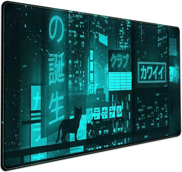 Main image of KEHIPI Cyan Green Japanese Desk Mat, Neon Tokyo Extended Mouse Pad Anime Cat Desk Pad, Gaming Mousepad XXL, Large Keyboard Mat for Gamers, Cool Computer Mat for Desk with Stitched Edges 31.5X15.7 in