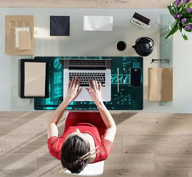 Alt view image 4 of 6 - KEHIPI Cyan Green Japanese Desk Mat, Neon Tokyo Extended Mouse Pad Anime Cat Desk Pad, Gaming Mousepad XXL, Large Keyboard Mat for Gamers, Cool Computer Mat for Desk with Stitched Edges 31.5X15.7 in