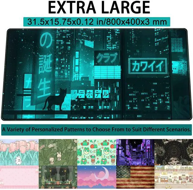 Alt view image 3 of 6 - KEHIPI Cyan Green Japanese Desk Mat, Neon Tokyo Extended Mouse Pad Anime Cat Desk Pad, Gaming Mousepad XXL, Large Keyboard Mat for Gamers, Cool Computer Mat for Desk with Stitched Edges 31.5X15.7 in