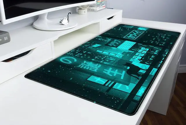 Alt view image 6 of 6 - KEHIPI Cyan Green Japanese Desk Mat, Neon Tokyo Extended Mouse Pad Anime Cat Desk Pad, Gaming Mousepad XXL, Large Keyboard Mat for Gamers, Cool Computer Mat for Desk with Stitched Edges 31.5X15.7 in