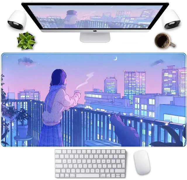 Main image of KEHIPI Purple Anime Kawaii Desk Mat Mousepad Cute Cat XXL Large Gaming Japanese Girly Aesthetic Mouse Pad Tokyo Street Desk Mat 31.5x15.75 in, Girl Gamer Desktop Mat Computer Laptop Keyboard Mouse Mat