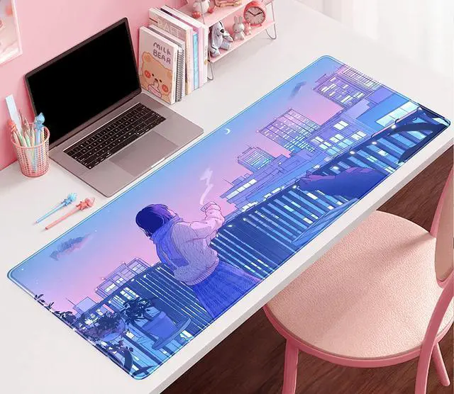 Alt view image 2 of 6 - KEHIPI Purple Anime Kawaii Desk Mat Mousepad Cute Cat XXL Large Gaming Japanese Girly Aesthetic Mouse Pad Tokyo Street Desk Mat 31.5x15.75 in, Girl Gamer Desktop Mat Computer Laptop Keyboard Mouse Mat