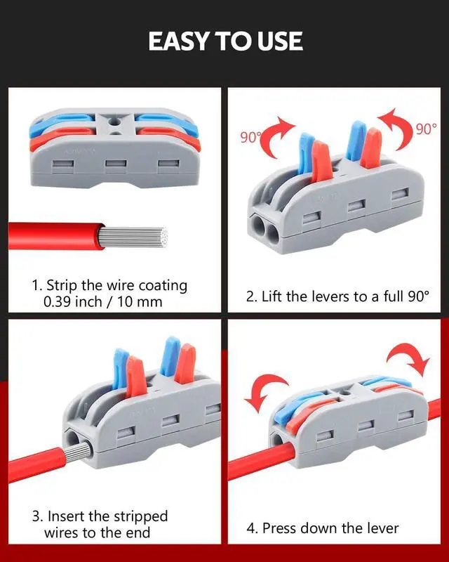 Alt view image 4 of 7 - KEHIPI 50pcs Electrical Connectors Push in Lever Nuts Quick Connect 2 Wire Splice Kit Compact Inline Terminals for Wire Splicing Project, 28-12 AWG, 2 in 2 Out